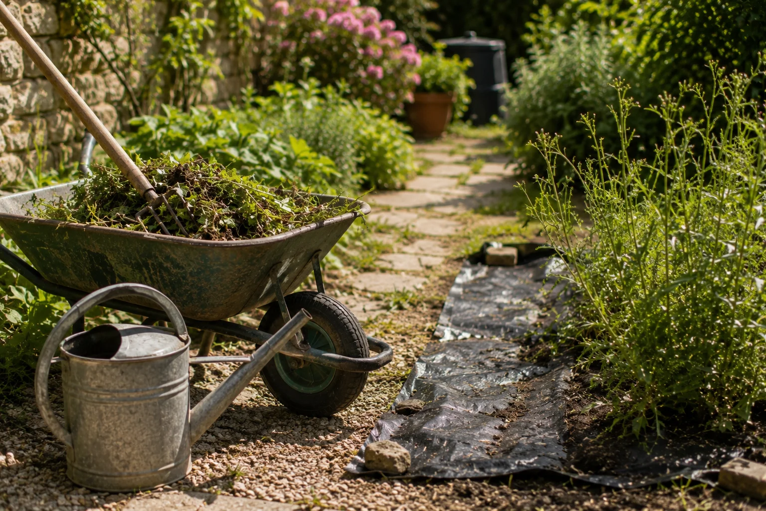 Une brouette et un arrosoir se trouvent près d’une allée de jardin entretenue.