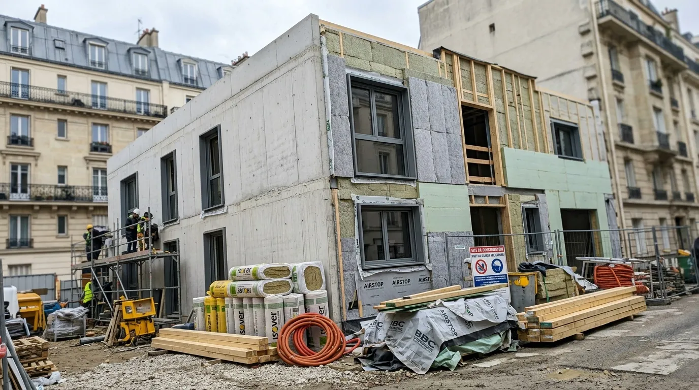 Un bâtiment parisien est en rénovation au bord d’une rue.