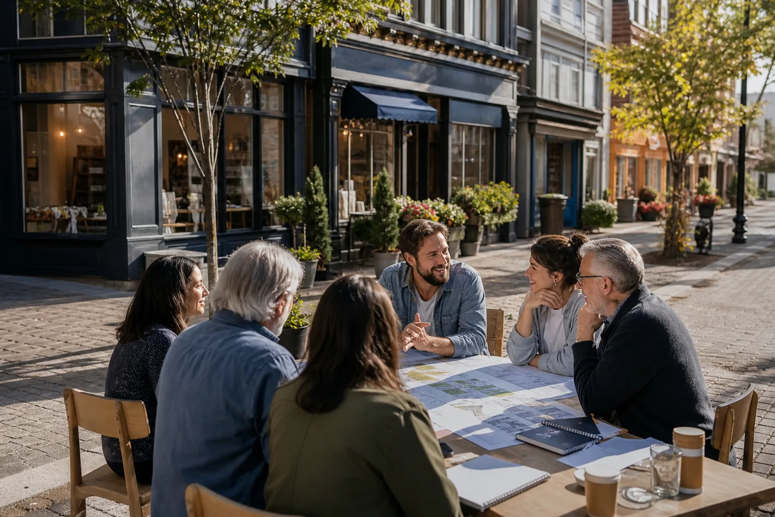 Des commerçants échangent autour de plans dans une rue bordée de boutiques.