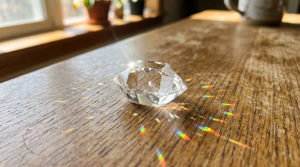 Cristal facetté sur bois créant prismes colorés