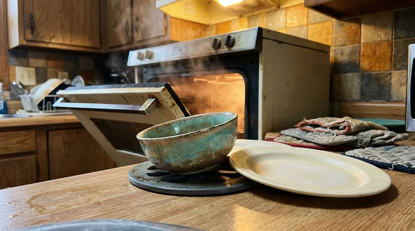 Un bol artisanal repose dans une cuisine rustique devant un four ouvert.