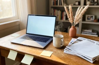 Bureau avec ordinateur portable, documents et décoration végétale