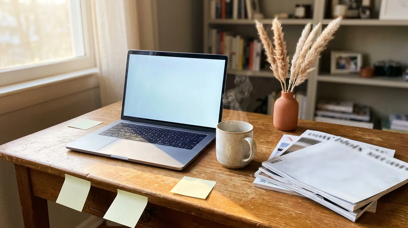 Un ordinateur et des documents sont disposés sur un bureau organisé.