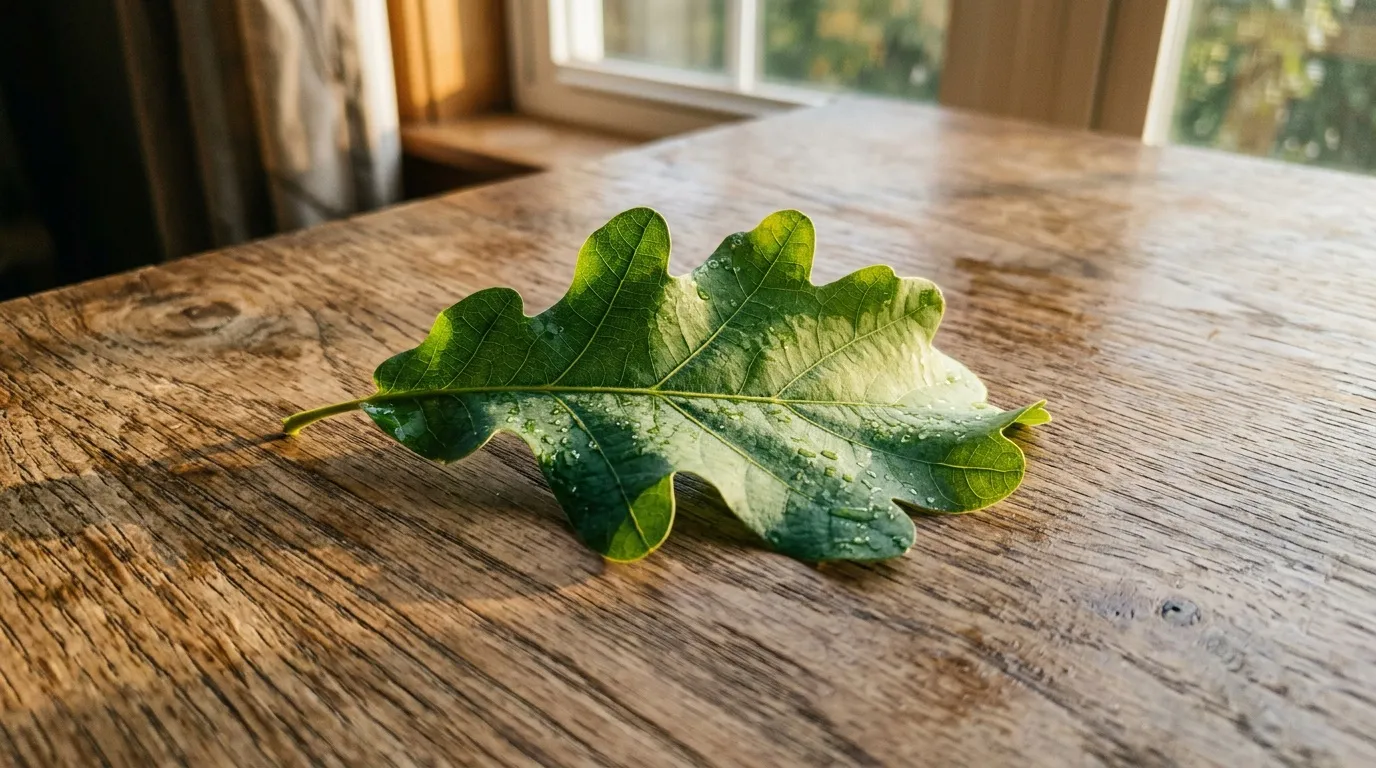 Une feuille de chêne mouillée repose sur une surface en bois.