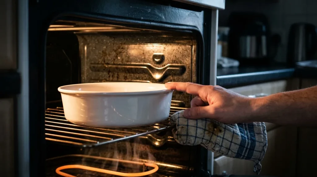 Main insérant un plat blanc dans un four préchauffé