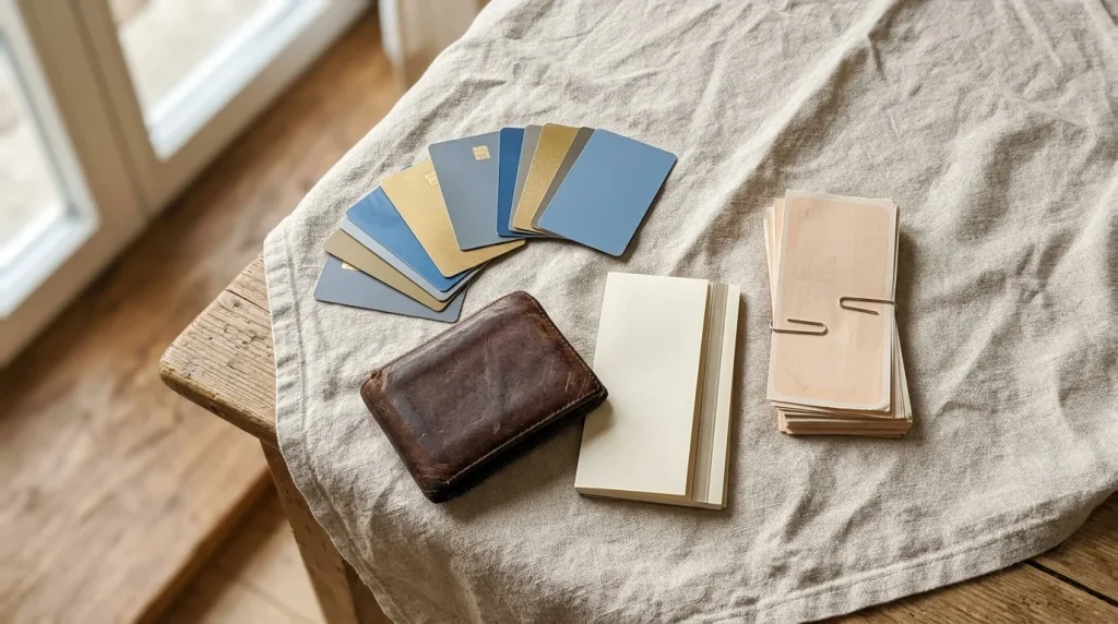 Nuancier de couleurs, portefeuille marron et carnets de notes