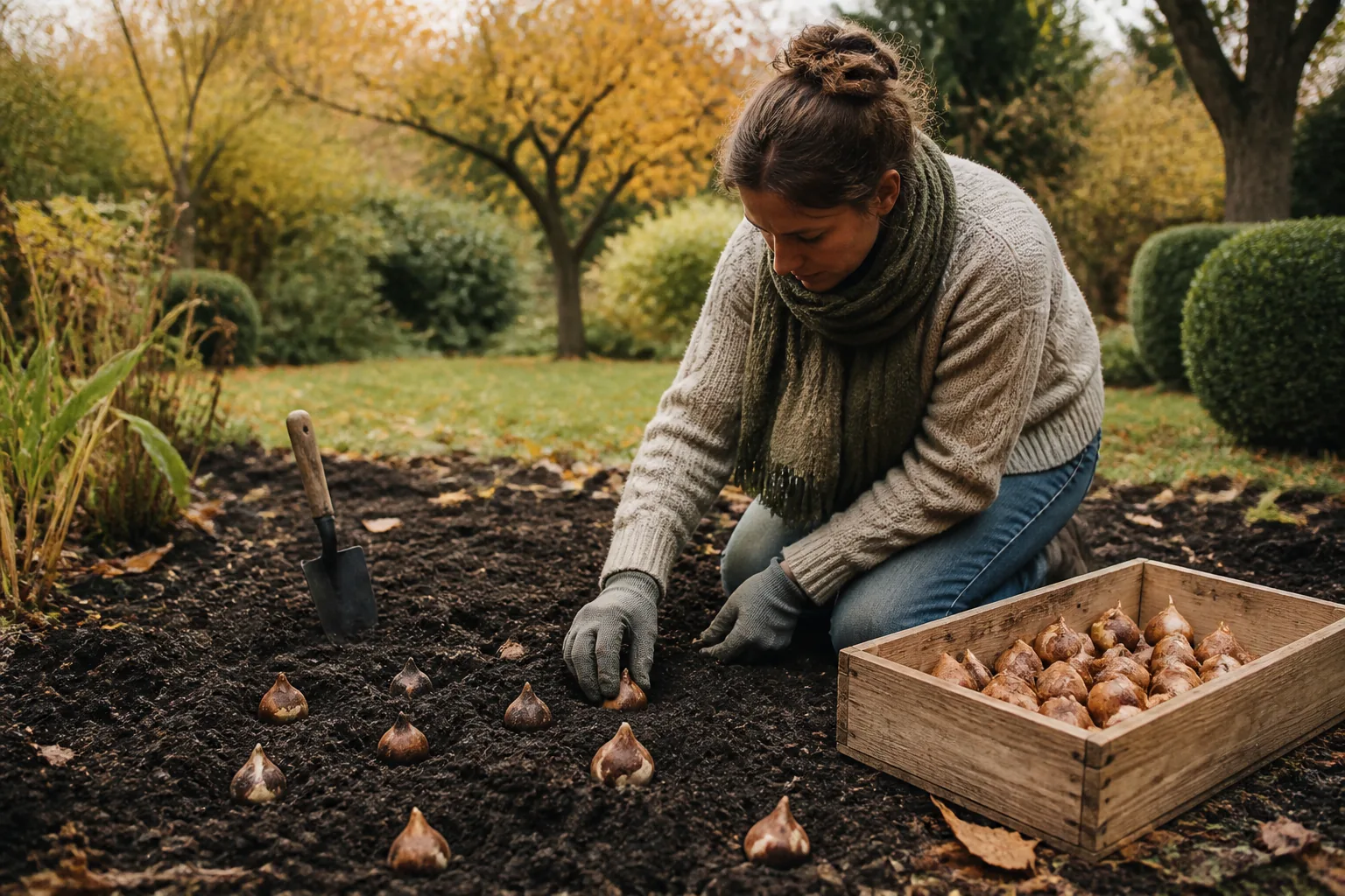 Une jardinière plante des bulbes de tulipes dans un massif en automne.