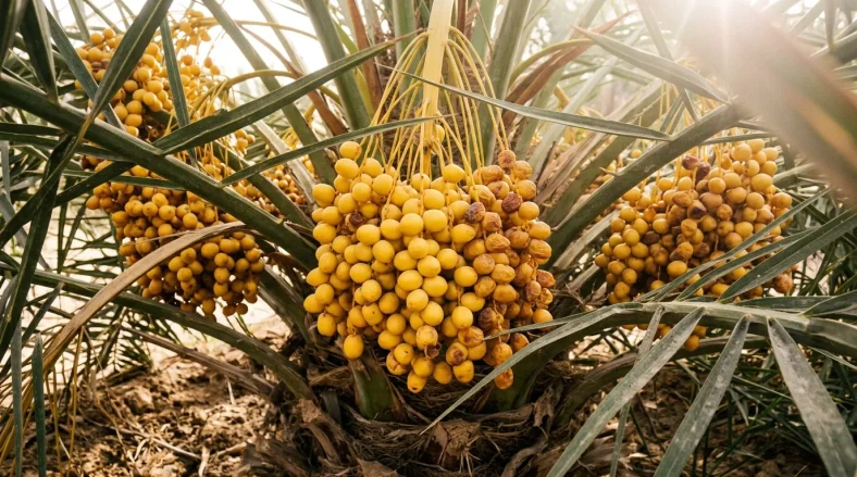 Grappes de dattes jaunes mûres sur palmier dattier