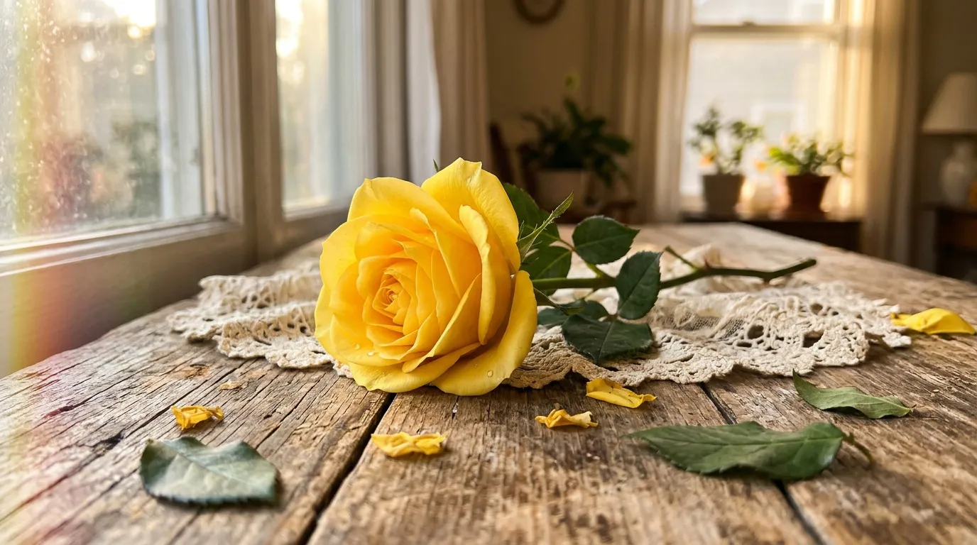 Rose jaune sur table rustique