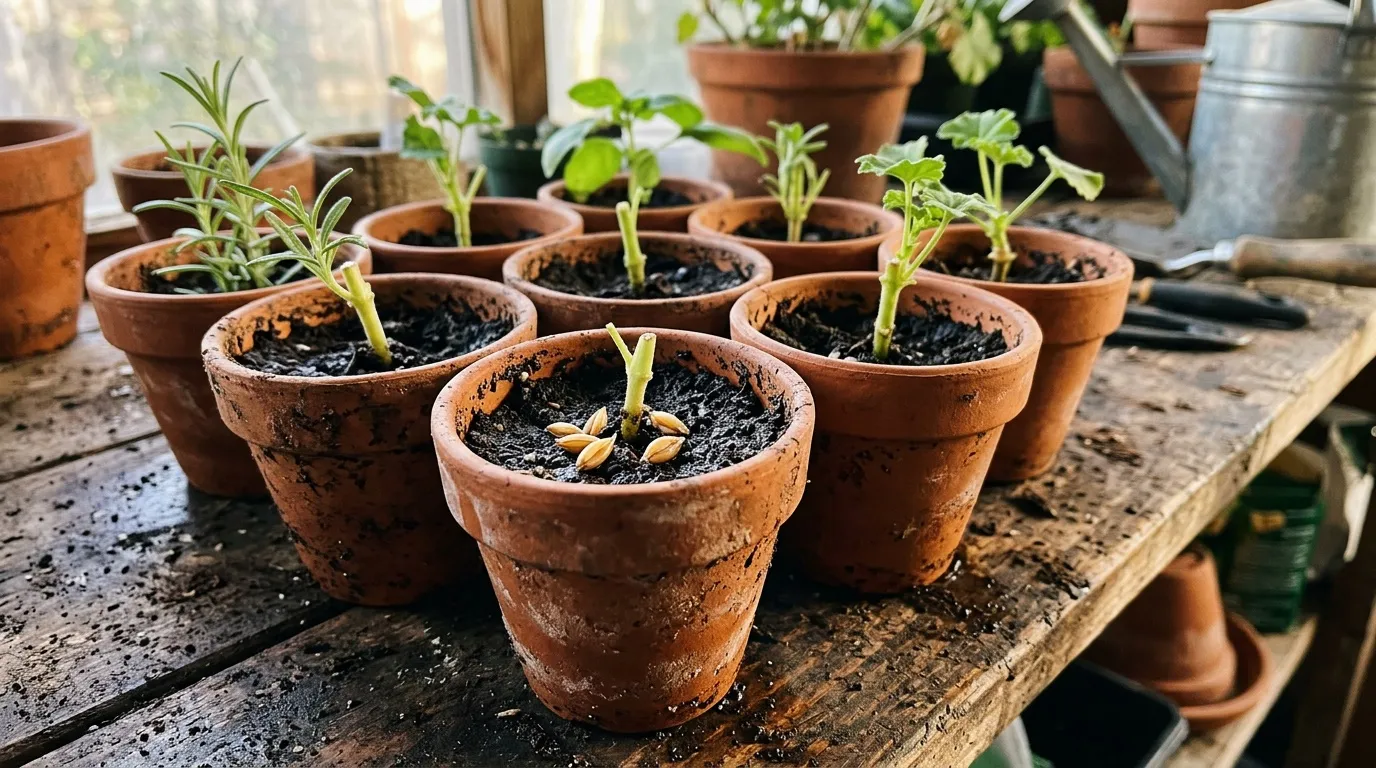 De jeunes plants poussent dans des pots en terre cuite sur une table de jardin.