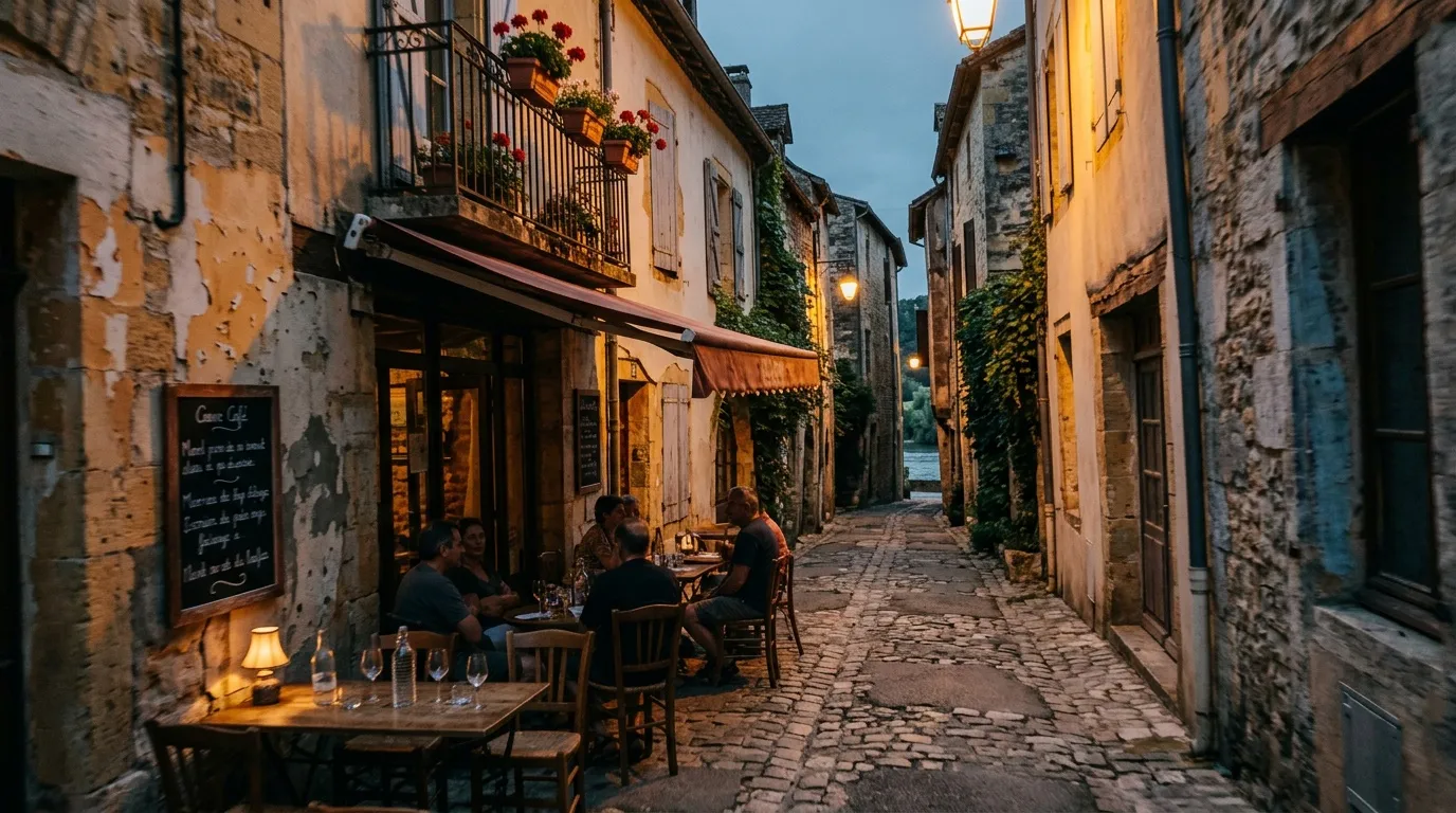 Une rue commerçante animée accueille des terrasses en soirée.