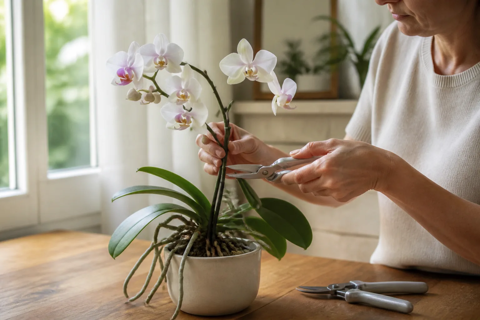 Une personne place un sécateur propre près de la hampe d’une orchidée fleurie.