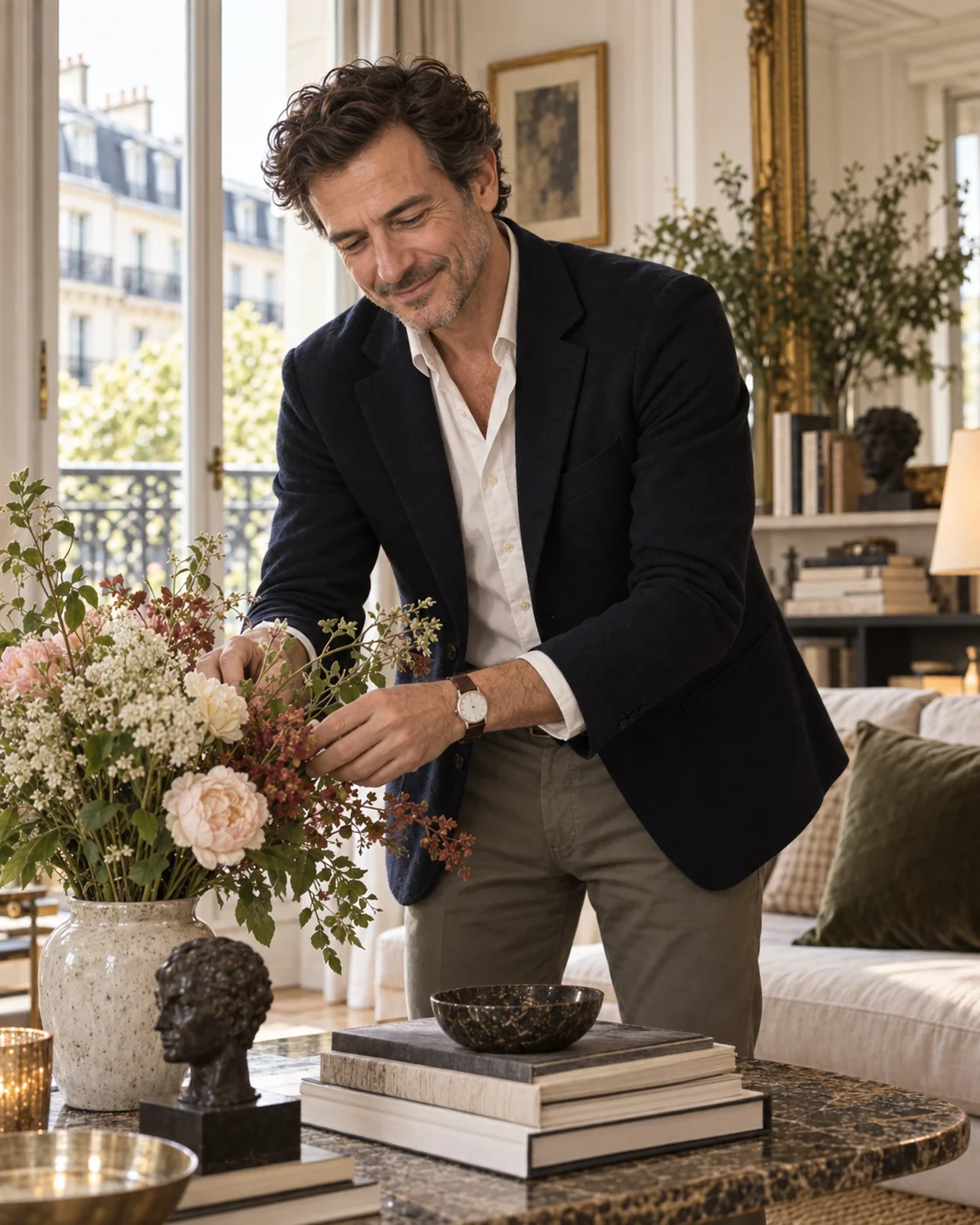 Gilles ajuste un bouquet de fleurs dans un appartement parisien élégant
